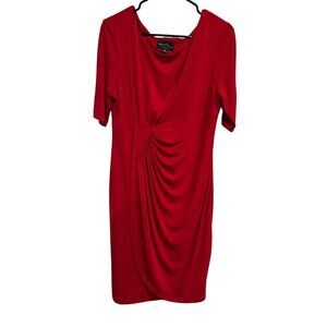 Connected Apparel Red Draped Knee Length Dress Size 12 Pleated Accent Waist